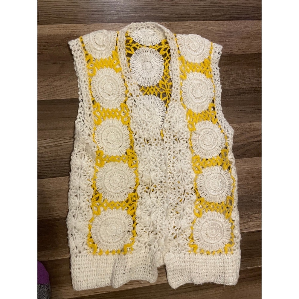 Handmade Crochet Vest White Yellow Floral Medallion Boho Sleeveless Button Front